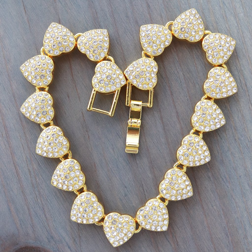 10.5mm 8inches Heart Diamond Chain Rhinestones 18k Gold Plated Bracelet